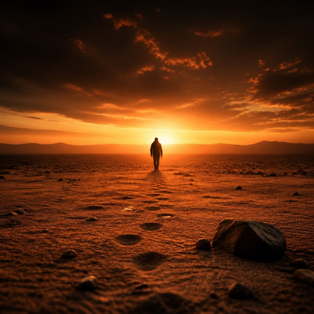 a solitary figure walking toward a glowing horizon across an empty plain, moody atmosphere, no text or lettering