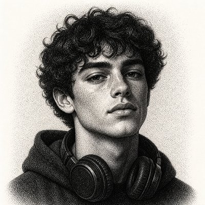head-and-shoulders portrait of an original character: a young man with curly dark hair and headphones around his neck, plain backdrop, no text