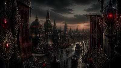 bustling city street panorama at dusk