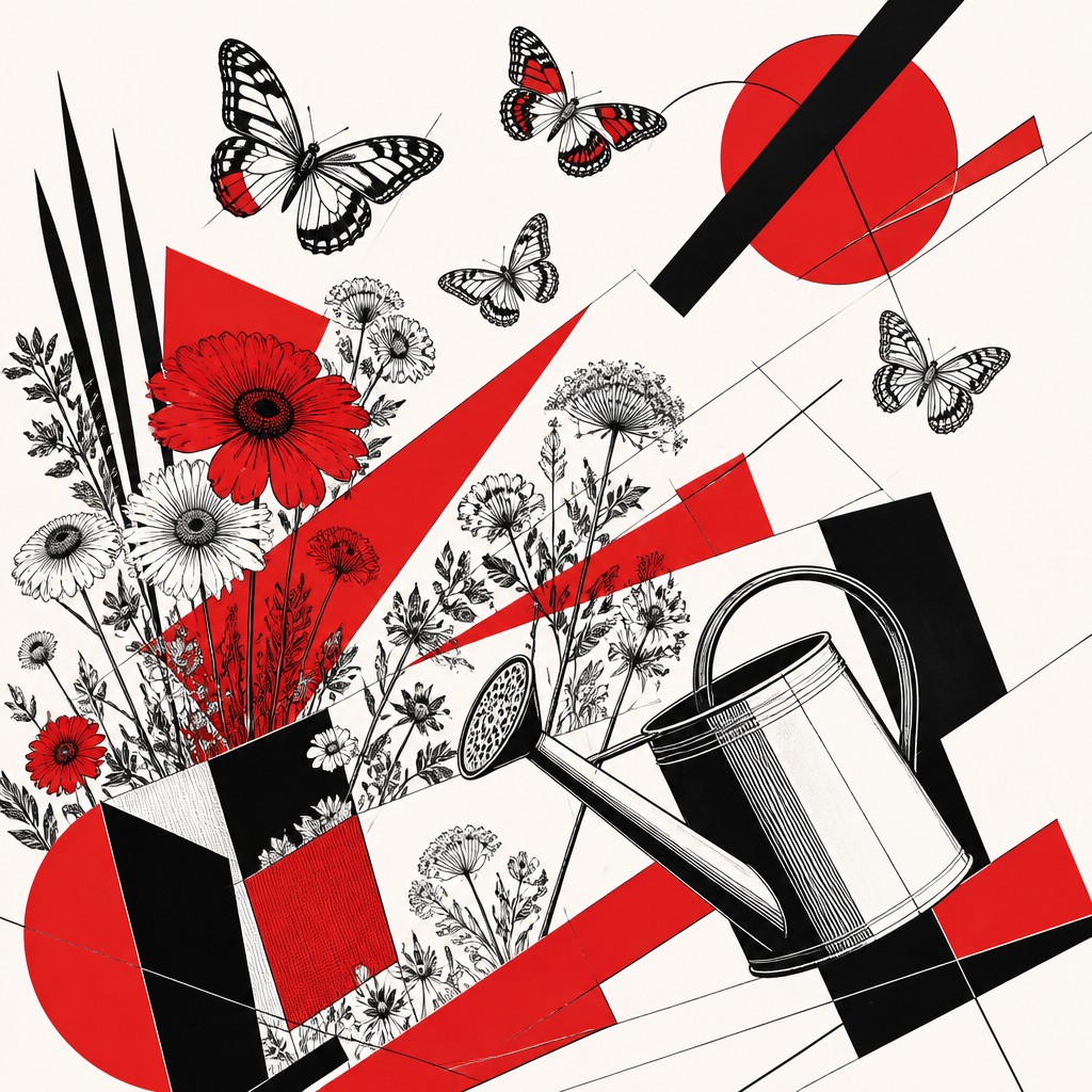 a garden scene with butterflies, flowers and a watering can, clean uncolored line art, no text