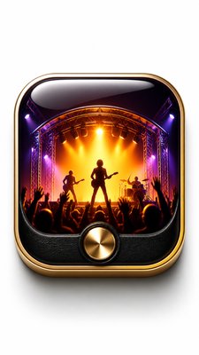 a live music scene with a glowing stage and silhouetted crowd, energetic vertical composition with open space at the top, no text