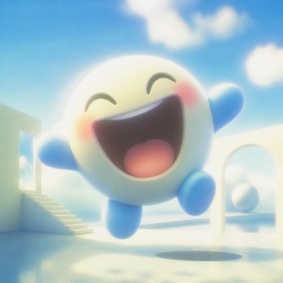 an exaggerated laughing face of an original round mascot character, bold and readable at small size, plain background, no text