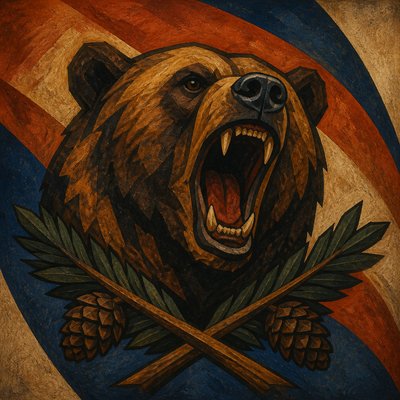 a roaring bear head above crossed pine branches, bold graphic composition on a plain background, no text