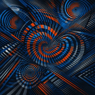 a blue and orange abstract background with a spiral design