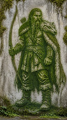 full-body original character: a dwarven ranger with a braided auburn beard, worn leather armor, a longbow and a wolf-pelt cloak, neutral background, no text