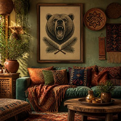 a roaring bear head above crossed pine branches, bold graphic composition on a plain background, no text