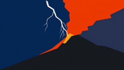 an erupting volcano with lightning strikes, dramatic wide composition, no text