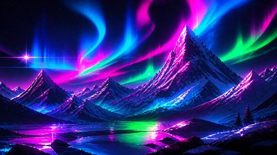 a flowing aurora over snowy peaks, wide sweeping composition, no people, no text