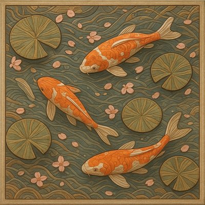 A koi pond seen from above, orange and white koi fish swimming among lily pads, clear water with subtle ripples, fallen cherry blossom petals floating on the surface, dappled sunlight