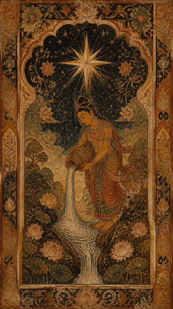 a robed figure pouring water beneath a large eight-pointed star in a night sky, symmetrical composition with an ornate decorative border, no text