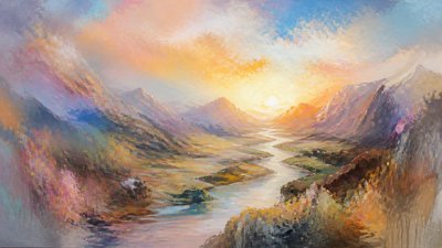 a vast valley with a river winding toward distant mountains at sunrise, no people, no text