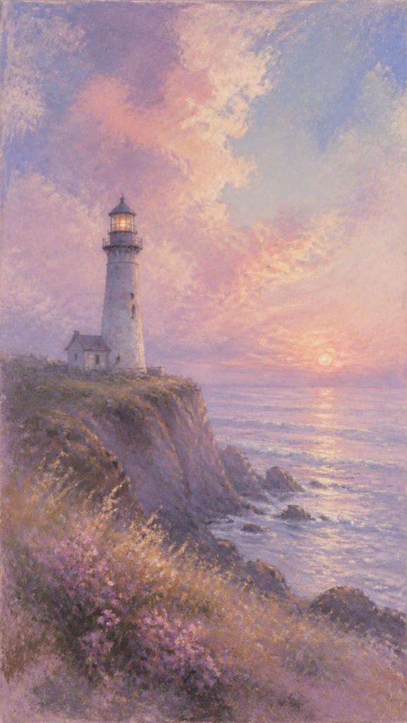 a lone lighthouse on a cliff at dusk under a dramatic sky, no text or lettering