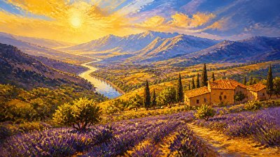 a vast valley with a river winding toward distant mountains at sunrise, no people, no text