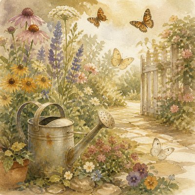 a garden scene with butterflies, flowers and a watering can, clean uncolored line art, no text
