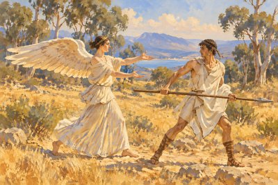a painting of a man and a woman fighting over a sword