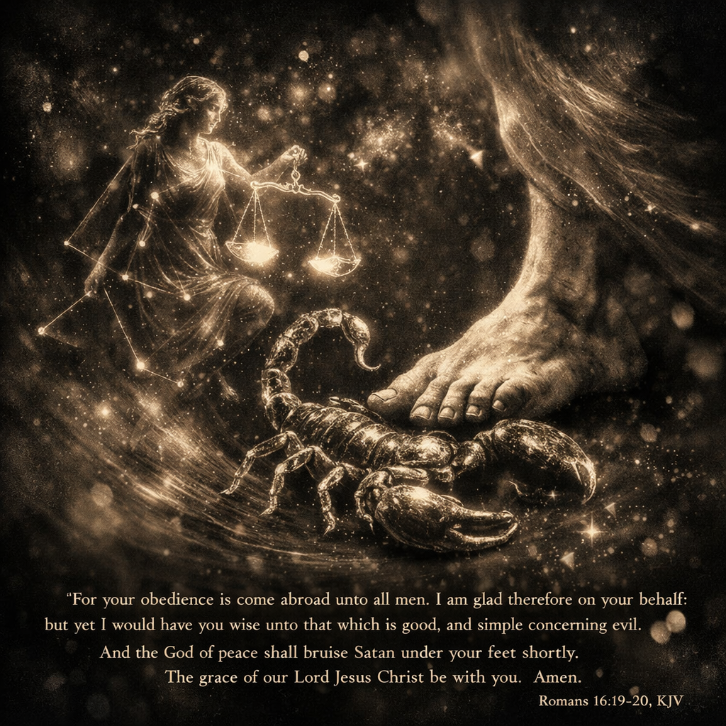 A picture of the heavenly Libra in constellation style combined with Scorpio and the foot of Ophiuchus “For your obedience is come abroad unto all men. I am glad therefore on your behalf: but yet I would have you wise unto that which is good, and simple concerning evil. And the God of peace shall bruise Satan under your feet shortly. The grace of our Lord Jesus Christ be with you. Amen.” (Romans 16:19-20, KJV)