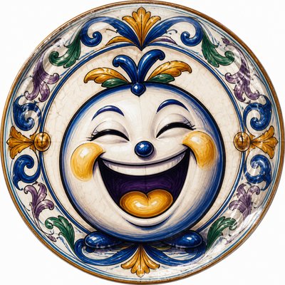 an exaggerated laughing face of an original round mascot character, bold and readable at small size, plain background, no text