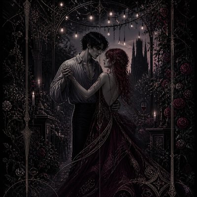 an original couple dancing under string lights in a garden at dusk: a man with short black hair in a linen shirt and a woman with braided red hair in a summer dress