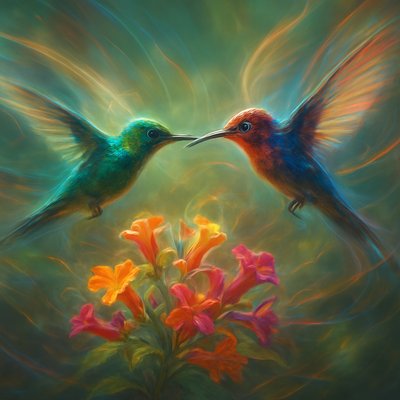 A breathtaking and dynamic close-up scene depicting two iridescent hummingbirds engaged in a vigorous mid-air duel over a cluster of vibrant, nectar-rich flowers. Their tiny wings are blurred into translucent arcs of motion, a testament to their incredible speed and agility, creating a frantic, energetic atmosphere.

One hummingbird, perhaps a brilliant emerald green, lunges forward, while the other, possibly a fiery ruby red or shimmering blue, hovers defensively, their long beaks pointed towards each other in a fierce territorial display. Their tiny, intense eyes are sharply focused on their opponent.

They are positioned directly above or fiercely guarding a cluster of brightly colored, inviting flowers, such as trumpet vines, fuchsias, or salvia, which are depicted with exquisite detail and rich, saturated hues, dripping with nectar. The background is a soft, dreamlike blur of lush green foliage and dappled sunlight, keeping the focus entirely on the intense aerial ballet. The lighting is bright and dramatic, catching the metallic sheen of their feathers and emphasizing their jewel-like colors. The overall mood is one of intense energy, fierce beauty, and natural competition