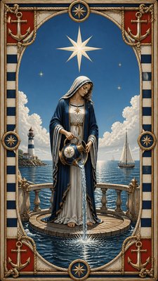 a robed figure pouring water beneath a large eight-pointed star in a night sky, symmetrical composition with an ornate decorative border, no text
