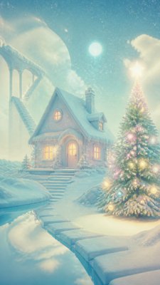 a snow-covered cottage with warm glowing windows beside a decorated pine tree, gentle snowfall, no text