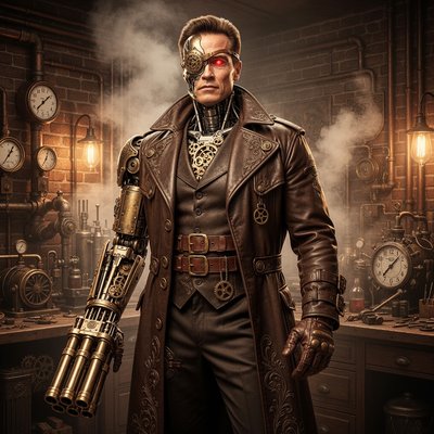 "A dramatic, full-body portrait of Arnold Schwarzenegger as a Steampunk Terminator, standing powerfully in a richly detailed Victorian-era workshop. Arnold's iconic Terminator face is visible, with a glowing red eye, partially obscured by an intricate, metallic eyepatch and visible cybernetic components around his neck and face. He wears a heavy, dark brown leather duster coat over a tailored waistcoat and trousers, all adorned with brass buckles, gears, and leather straps. His left arm is a formidable steampunk prosthetic, crafted from polished brass, copper, and exposed gears, ending in a massive, Gatling-gun-like weapon integrated into the forearm. His right hand wears a finely detailed leather glove with metallic accents. The background of the workshop is filled with vintage machinery, pressure gauges, steam pipes, exposed brick walls, and the soft glow of gas lamps. Smoke or steam gently drifts through the air, adding to the atmospheric industrial setting. The overall aesthetic is gritty, sophisticated, and perfectly blends the sci-fi elements of the Terminator with the intricate mechanical beauty of steampunk