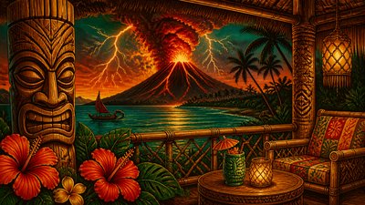 an erupting volcano with lightning strikes, dramatic wide composition, no text