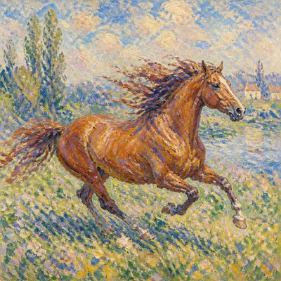 a galloping horse with flowing mane, side view
