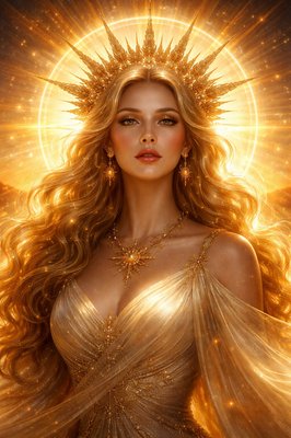 Cinematic close portrait of a radiant sun goddess, a beautiful woman with powerful serene expression, golden-blonde hair glowing in backlight, intricate sunburst crown, warm golden aura radiating from her skin, sunrise horizon behind her, dramatic rim lighting, ultra-detailed skin texture, realistic fabric movement, high contrast, cinematic realism, 8k detail