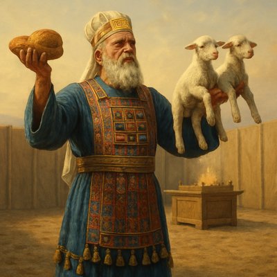 A hyper-detailed, photorealistic depiction of the High Priest of Israel performing the Feast of Weeks (Pentecost) wave offering. The High Priest is dressed in the complete set of holy vestments: a blue robe with golden bells and pomegranates on the hem, a colorful ephod, and a breastplate with twelve jewels. A golden plate engraved 'HOLINESS TO THE LORD' is tied to his linen mitre. He stands in the Tabernacle courtyard, facing the altar, holding the two leavened loaves of firstfruits and two male lambs high, performing the sacred wave offering ritual. Golden morning light, historically accurate setting, cinematic oil painting style.