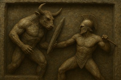 a statue of a man and a demon holding a sword