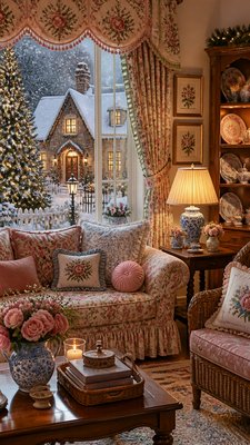 a snow-covered cottage with warm glowing windows beside a decorated pine tree, gentle snowfall, no text