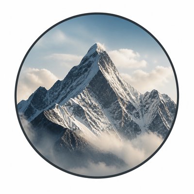 an emblem of a mountain peak inside a circle, simple bold shapes on a plain background, no text or lettering