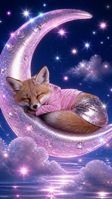 a sleeping baby fox curled on a crescent moon among soft stars, gentle and warm, no text