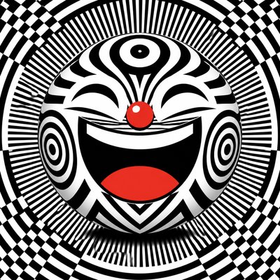 an exaggerated laughing face of an original round mascot character, bold and readable at small size, plain background, no text