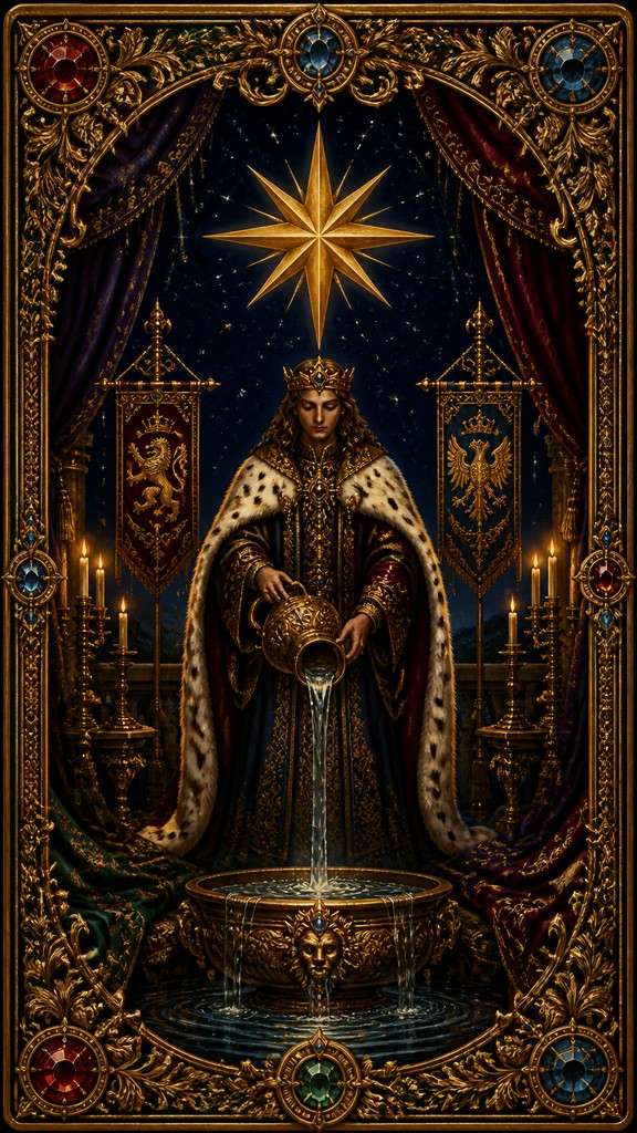 a robed figure pouring water beneath a large eight-pointed star in a night sky, symmetrical composition with an ornate decorative border, no text