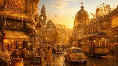 bustling city street panorama at dusk
