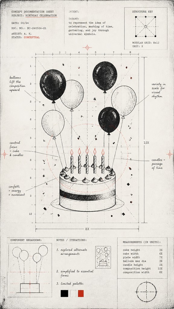 a birthday cake with lit candles surrounded by balloons and confetti, festive vertical composition, no text