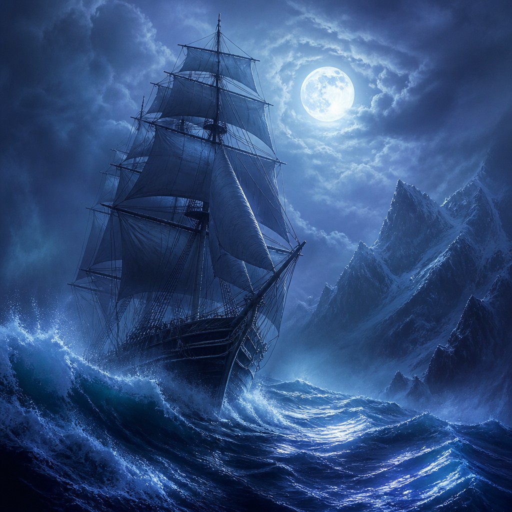 sailing ship on a stormy sea — Cool Palette Art Style