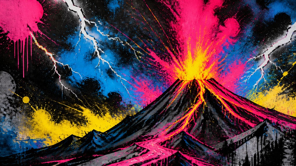 an erupting volcano with lightning strikes, dramatic wide composition, no text