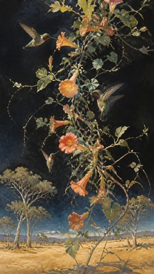 a climbing vine of flowers and hummingbirds on a dark background, tall wrapping composition, no text