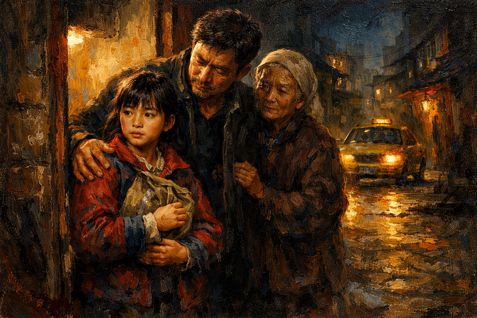 Father and Grandmother with Siu Zi leaving their home in a Guangzhou street in the dark of night. There is an air of secrecy. Siu Zi clutches her small bag, its contents little more than a few treasured keepsakes and faded photographs. Her father’s reassuring hand on her shoulder, and the soft presence of her grandmother at his side, give her the courage to move forward. A taxi waits down the street to take them to the train.