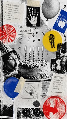 a birthday cake with lit candles surrounded by balloons and confetti, festive vertical composition, no text