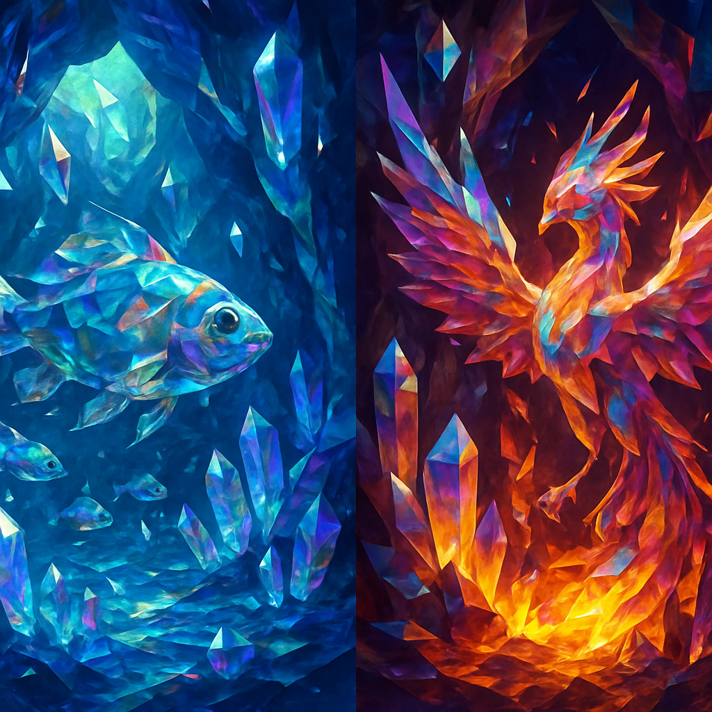 When you pass through the waters,
I will be with you;
and when you pass through the rivers,
they will not sweep over you.
When you walk through the fire,
you will not be burned;
the flames will not set you ablaze.
make a scene with the ocean fish and then a phoenix