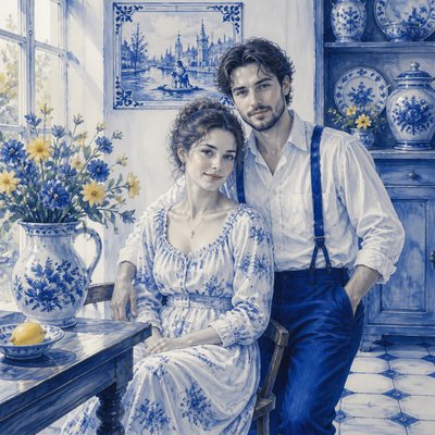 portrait of two people together — Delft Blue Art Style