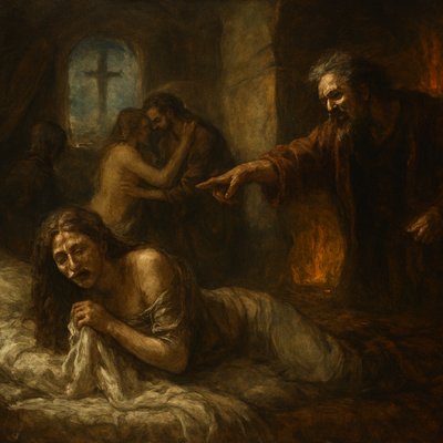 Express without words. Please keep image PG standards “Behold, I will cast her into a bed, and them that commit adultery with her into great tribulation, except they repent of their deeds.” (Revelation 2:22, KJV) adding as a setting the idea of travail.


