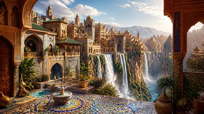 a cliffside city with waterfalls cascading into a misty canyon, wide establishing shot, no people, no text