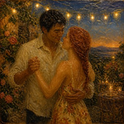 an original couple dancing under string lights in a garden at dusk: a man with short black hair in a linen shirt and a woman with braided red hair in a summer dress