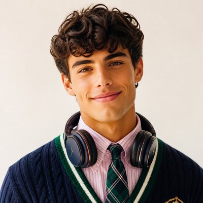 head-and-shoulders portrait of an original character: a young man with curly dark hair and headphones around his neck, plain backdrop, no text