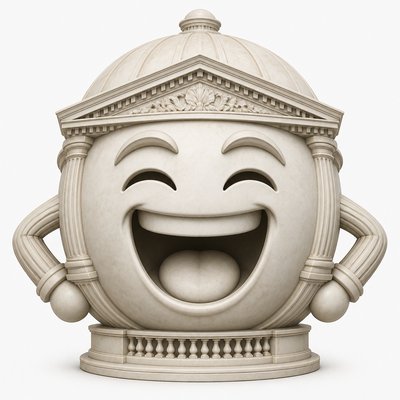 an exaggerated laughing face of an original round mascot character, bold and readable at small size, plain background, no text